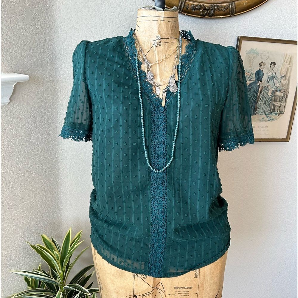 Boutique Dark Green Lace Trim sheer Polka Dot Stripe Blouse sz S Trendy